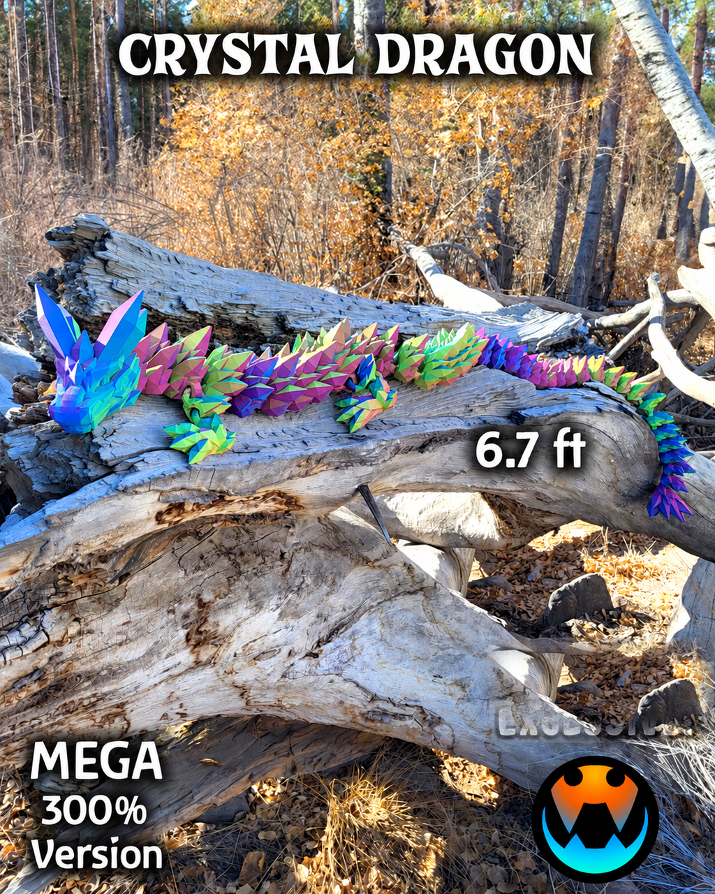 300% Crystal Dragon stretched across a woodland log, showing its full 6.7-foot length