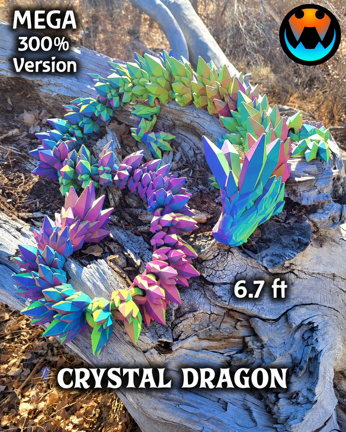 300% Crystal Dragon coiled on weathered wood, showing its oversized articulated body