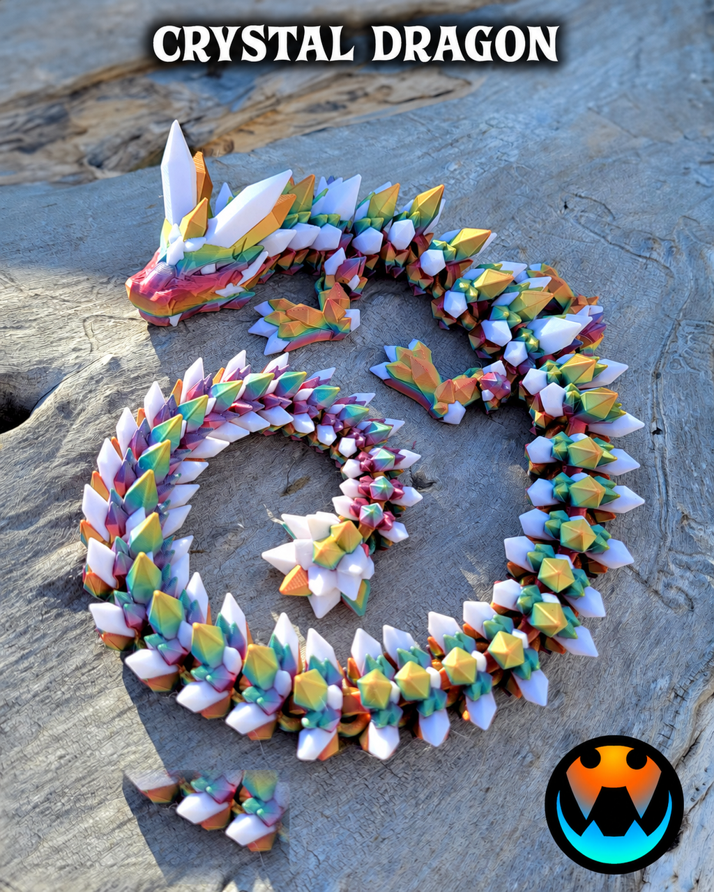 Crystal Dragon in a multicolor finish, coiled to show the detailed crystal scales and horns