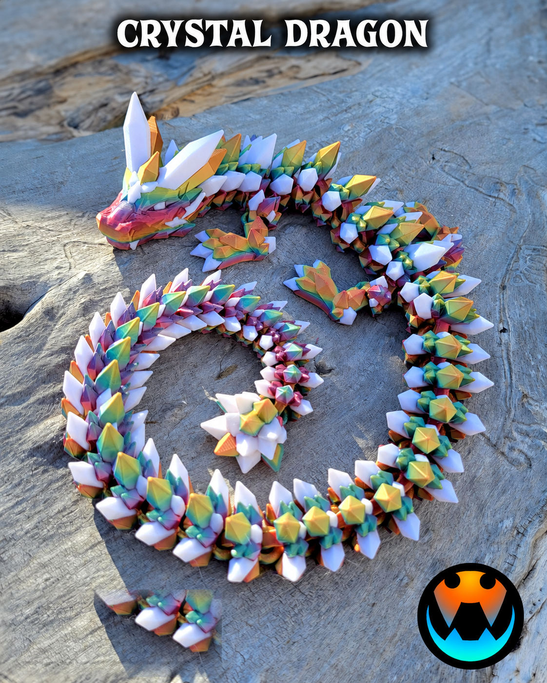Crystal Dragon in a multicolor finish, coiled to show the detailed crystal scales and horns