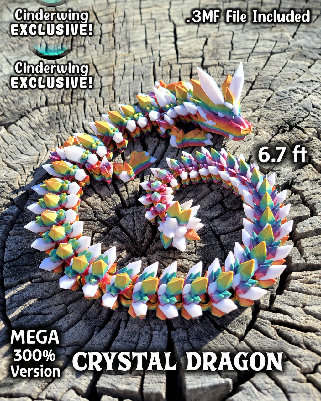 Crystal Dragon posed on a weathered stump, showing the articulated crystal body