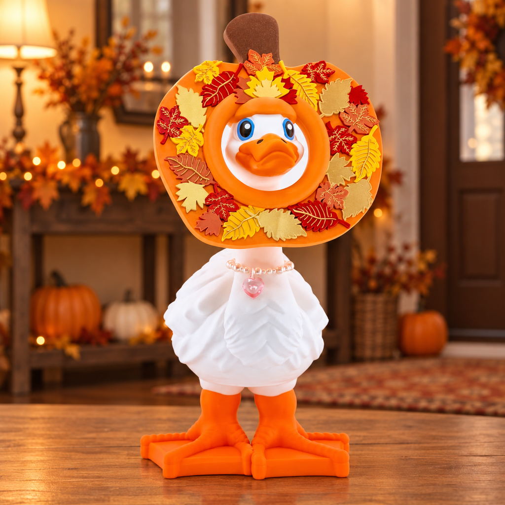 Autumn Pumpkin Goose Hat with layered fall leaves, front view