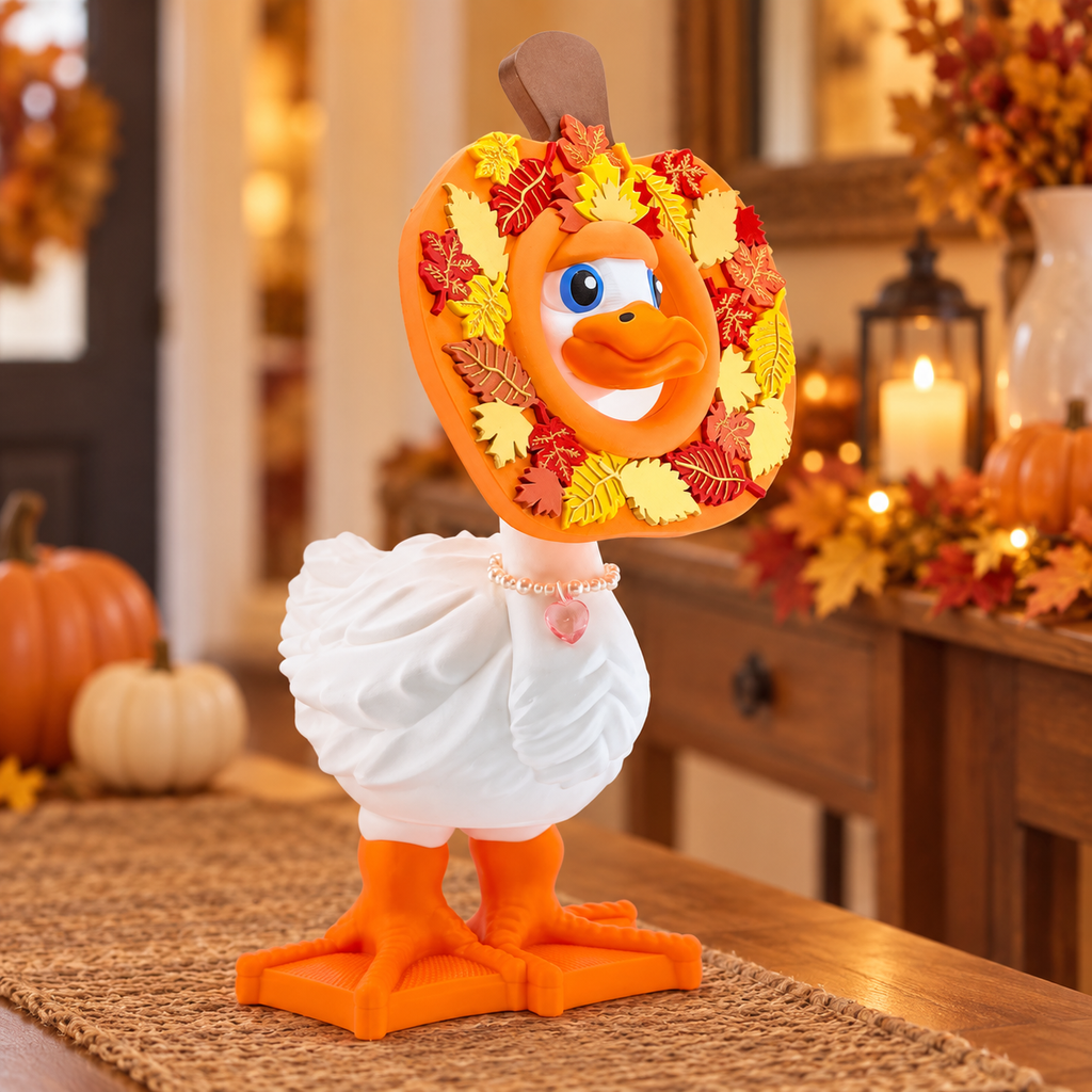Autumn Pumpkin Goose Hat with red, orange and yellow leaves, left view