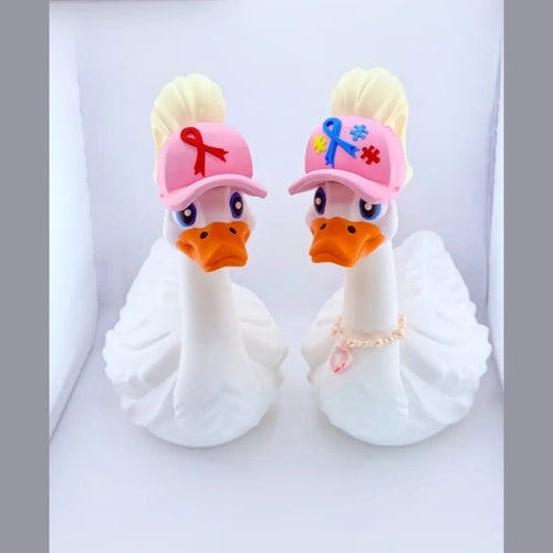 Dress-Up Geese wearing awareness ponytail hats