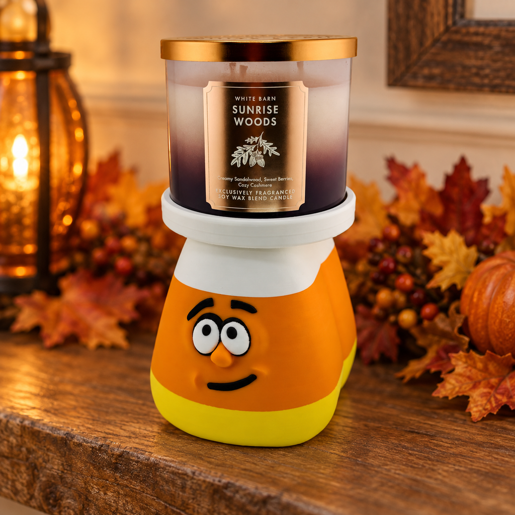 Front view of candy corn 3D printed jar candle holder with candle