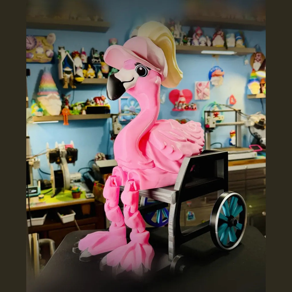 Pink Dress-Up Flamingo seated in wheelchair accessory