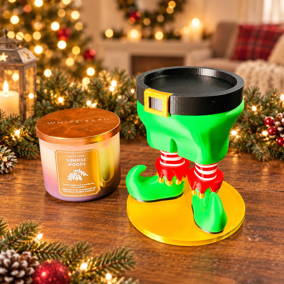 Elf legs 3D printed jar candle holder displayed beside a jar candle