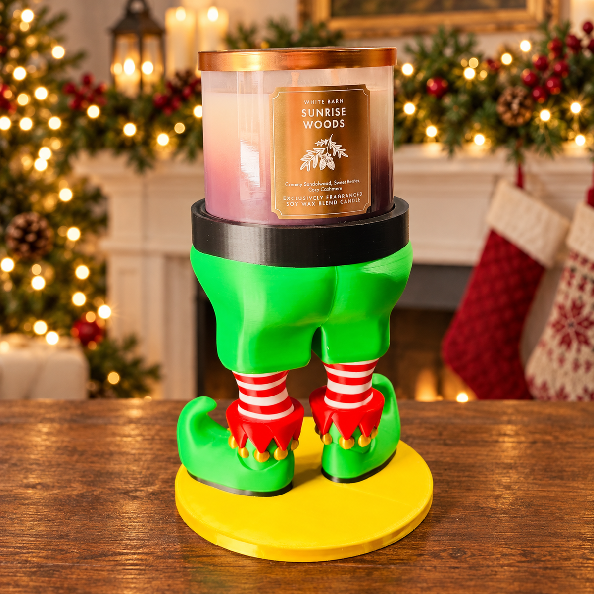 Front view of elf legs 3D printed jar candle holder with candle
