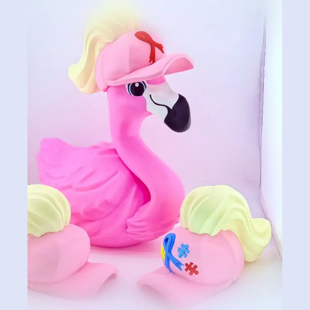 Pink Dress-Up Flamingo with awareness ponytail hats