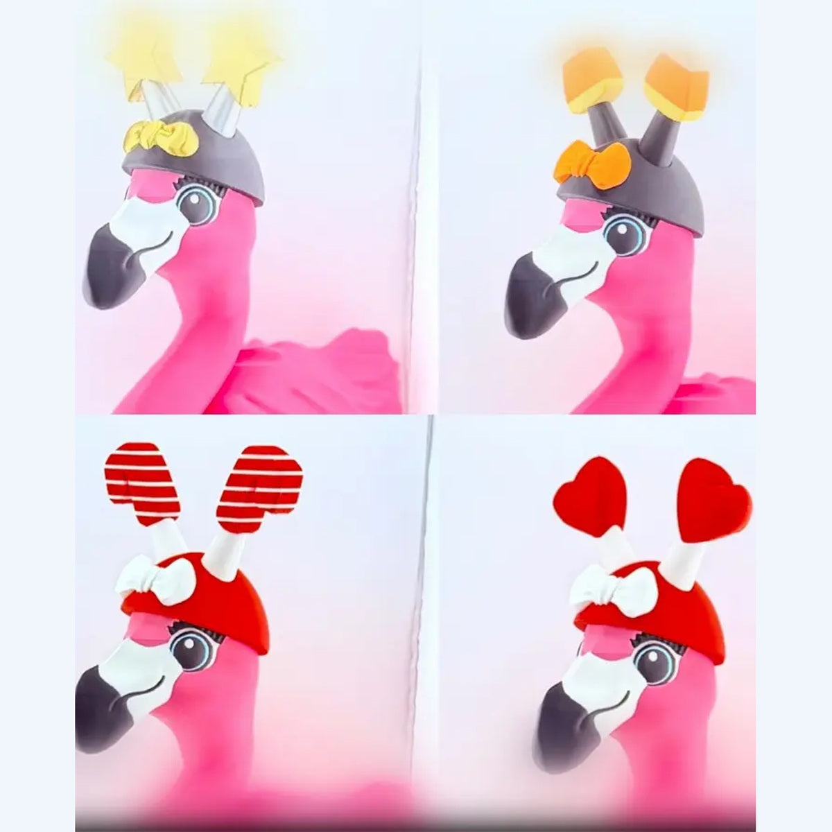 Pink Dress-Up Flamingo wearing four bopper hat styles