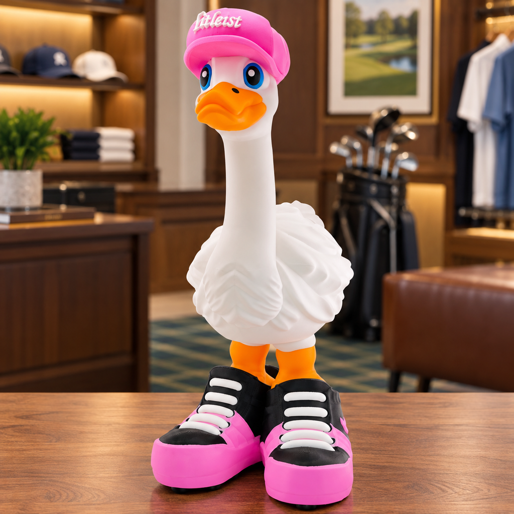 Front view of Dress-Up Goose wearing a pink Titleist cap and pink golf sneakers