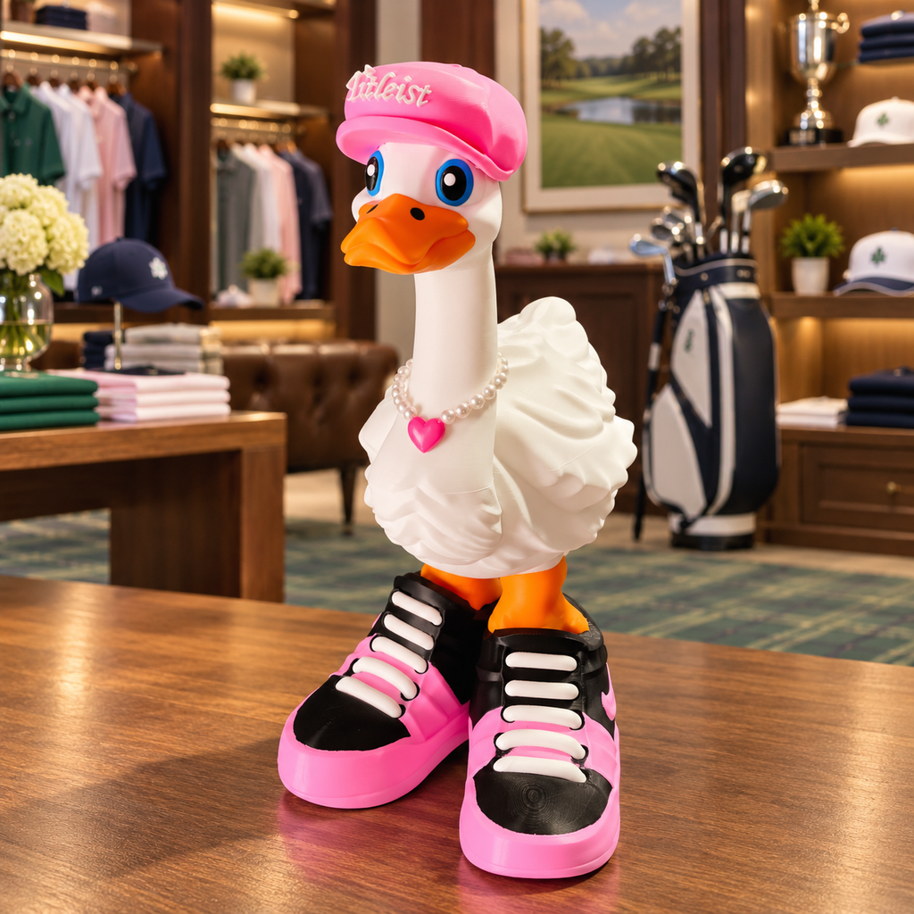 Dress-Up Goose wearing a pink Titleist cap and pink golf sneakers