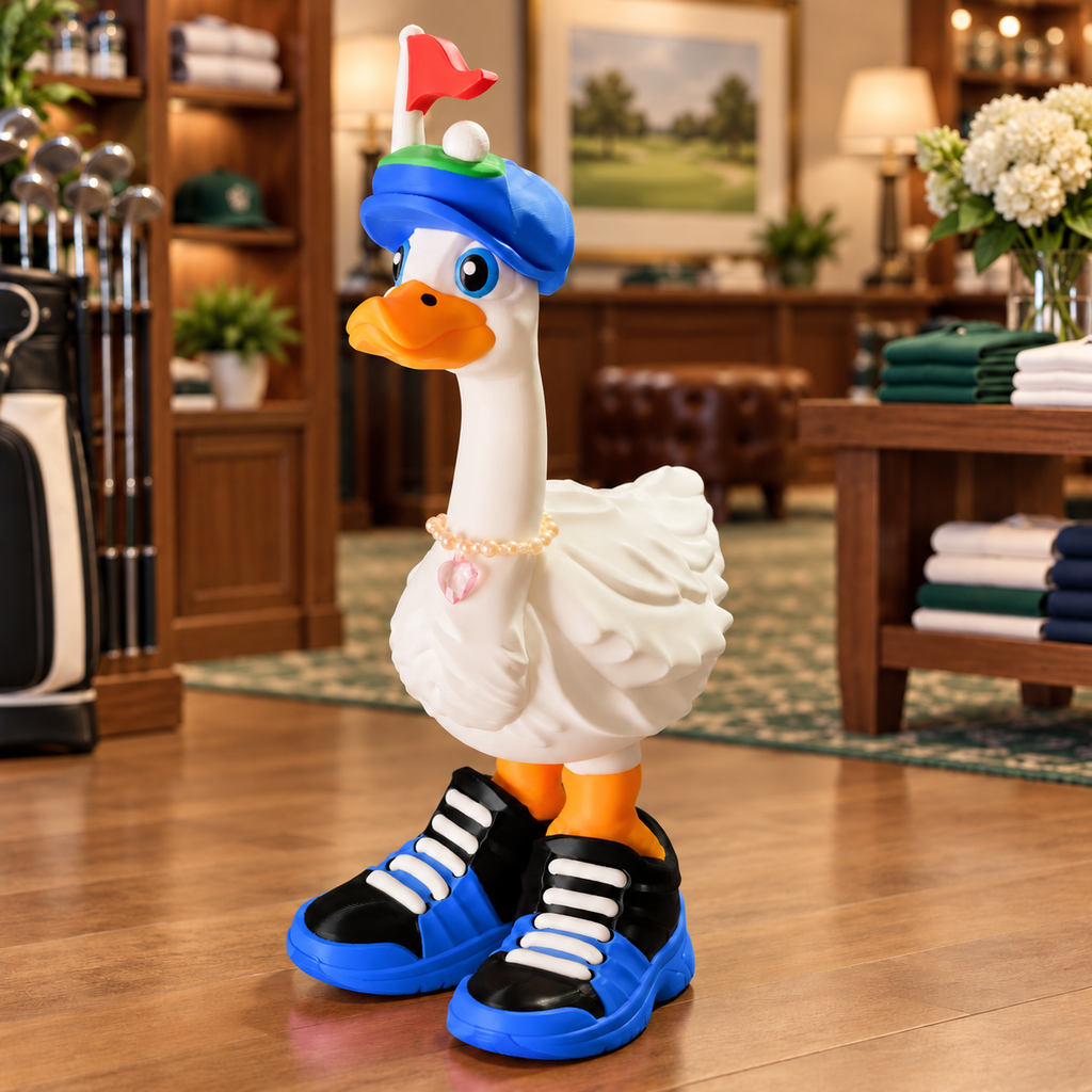 Dress-Up Goose wearing a blue putting-green golf hat and blue-and-black sneakers