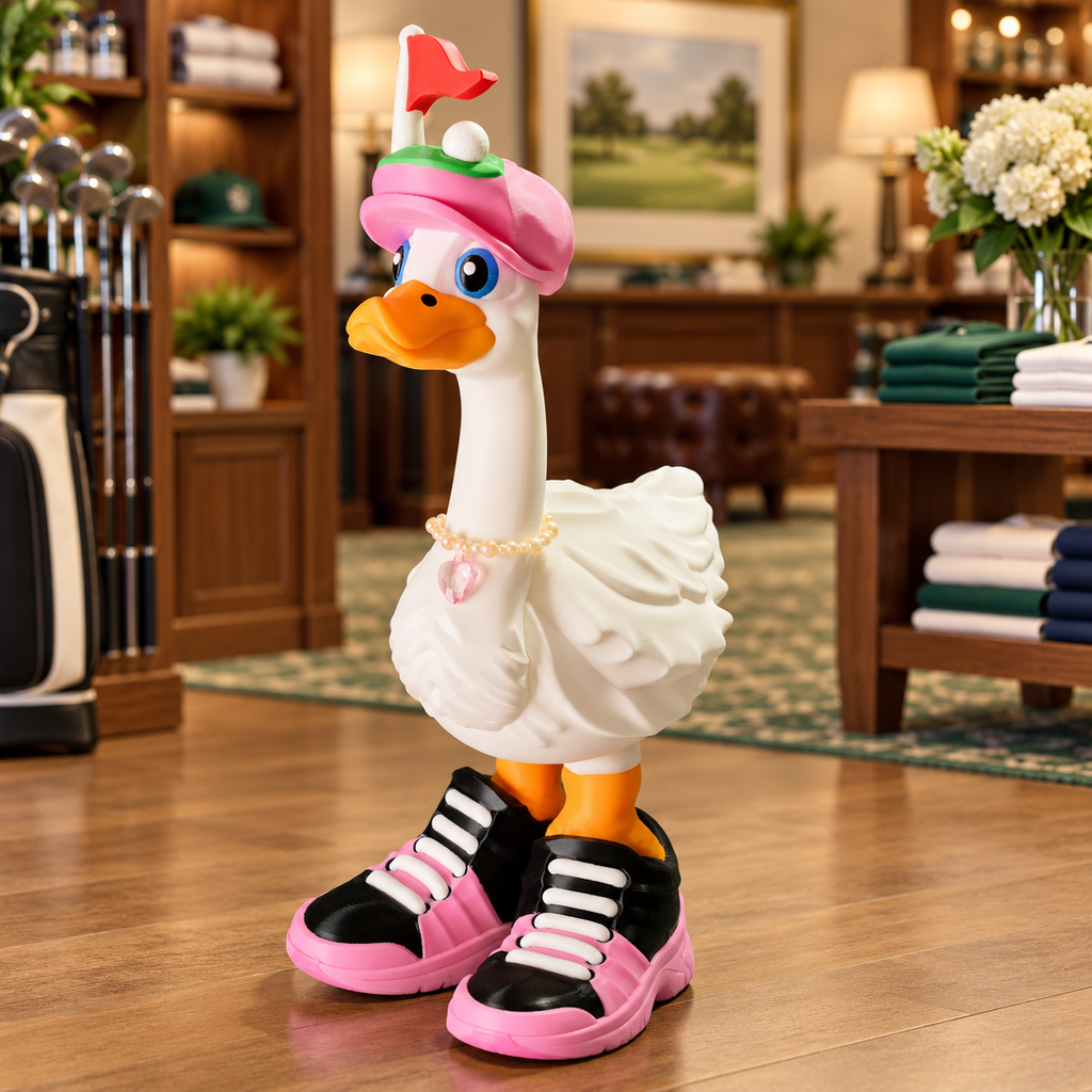 Dress-Up Goose wearing a pink putting-green hat and pink golf sneakers