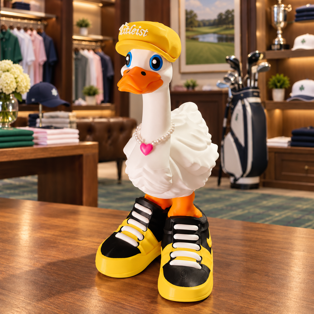 Dress-Up Goose wearing a yellow Titleist cap and yellow-and-black sneakers