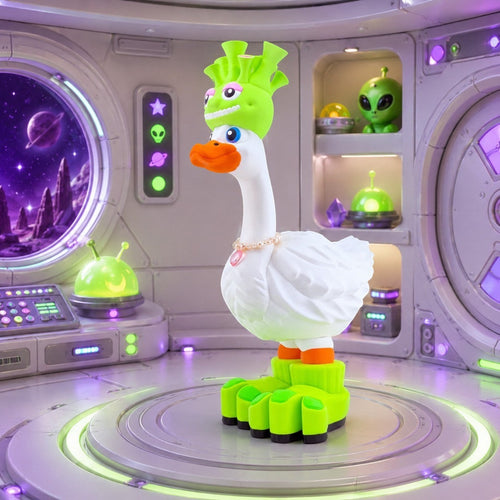 Prints & Giggles 3D alien outfit for goose featuring a green alien hat and matching monster shoes in space setting