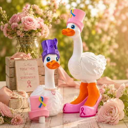Prints & Giggles 3D awareness ribbon hat and shoe set for dress-up goose figurines in pink and purple colors