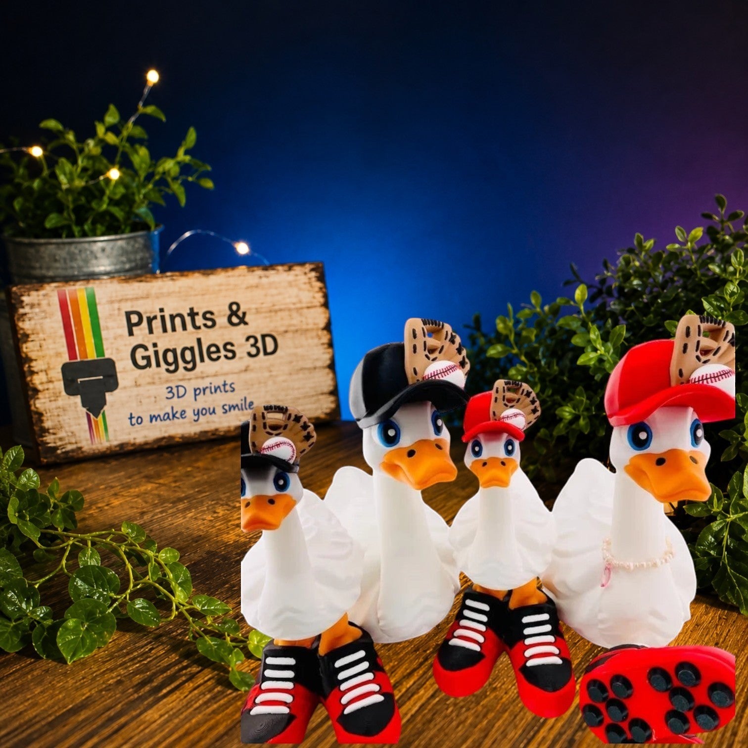 Prints & Giggles 3D baseball duck figurines with red and black caps, miniature gloves, and sporty sneakers.