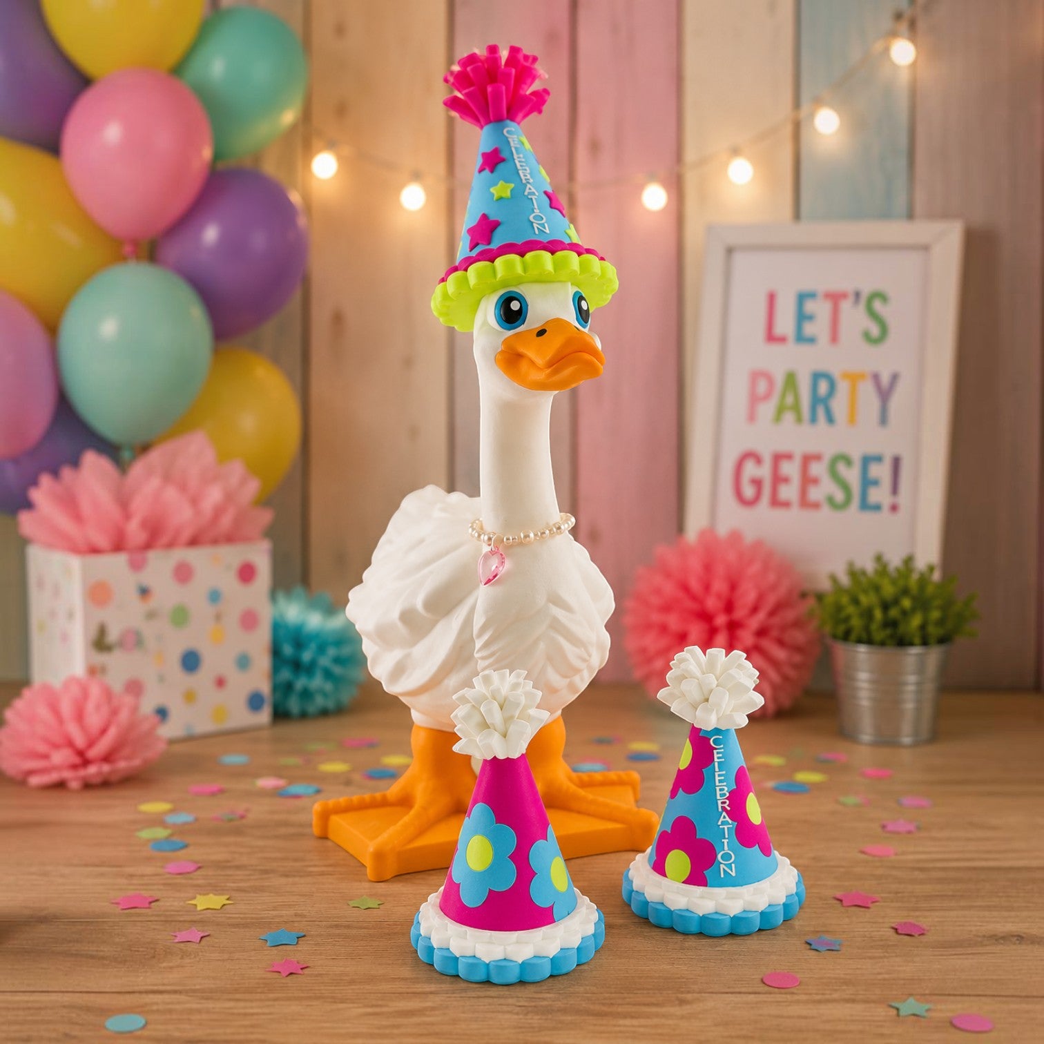 Prints & Giggles 3D colorful birthday party hat for a decorative goose figurine with star and flower details