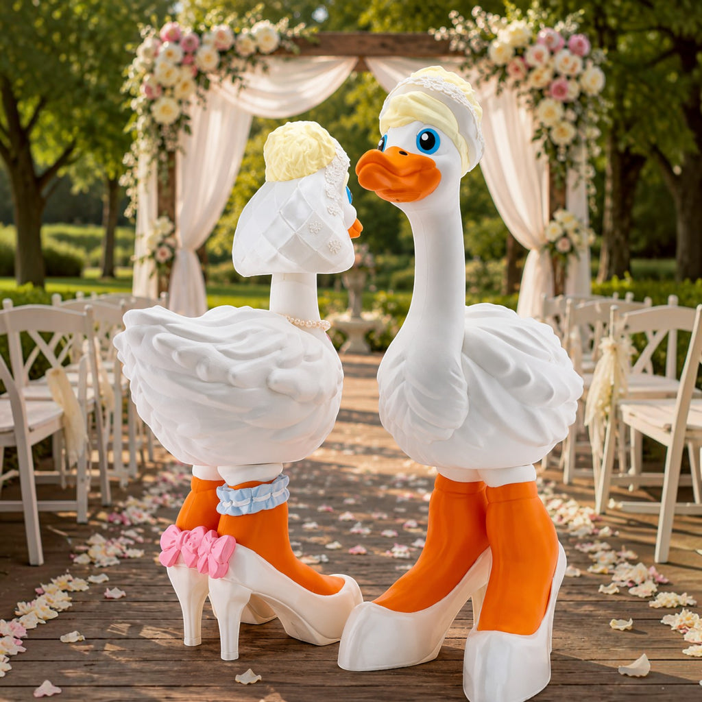 Prints & Giggles 3D bride goose outfit featuring a white lace veil hat and high-heel shoes for a decorative goose.