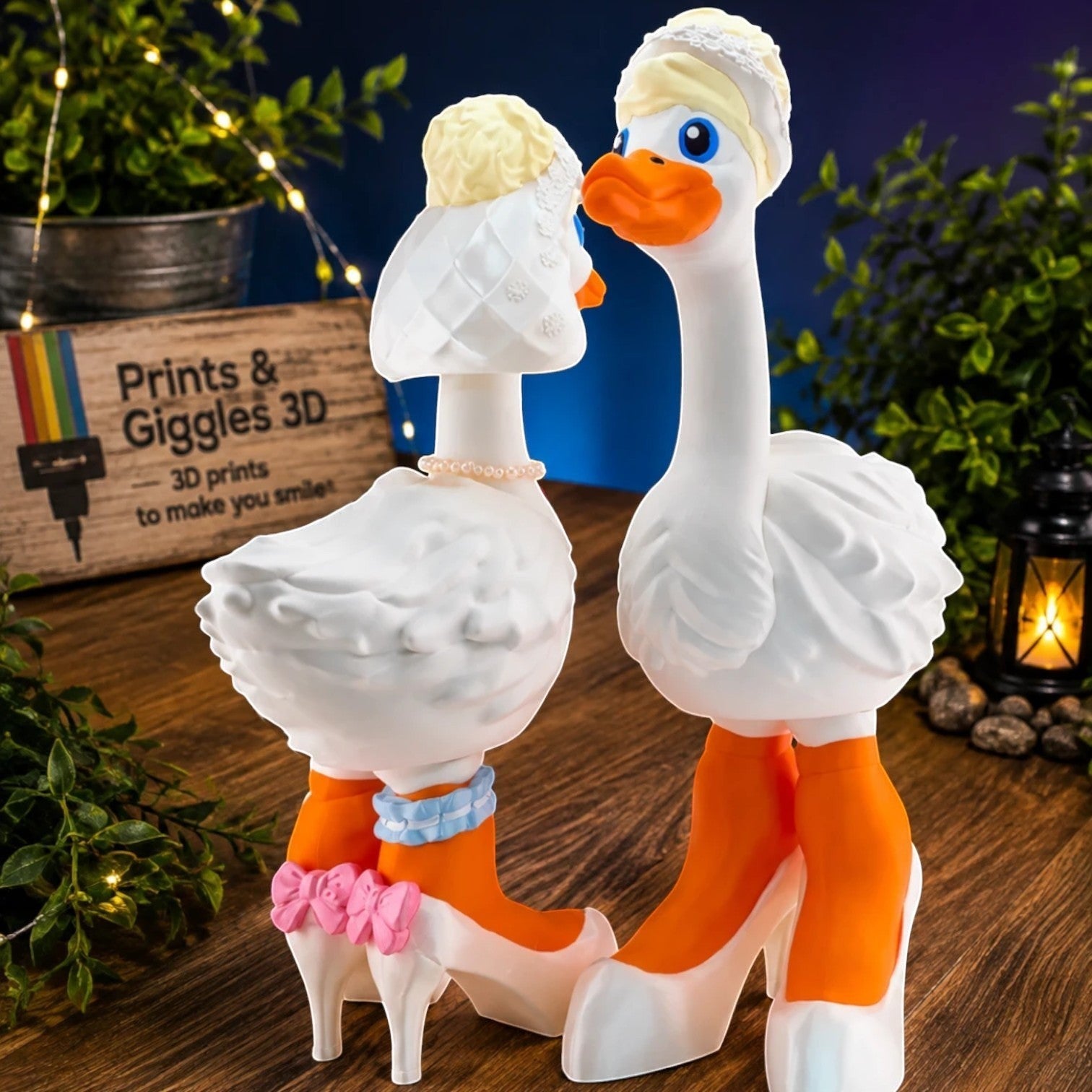 Prints & Giggles 3D bride goose outfit featuring a white bridal hat, veil, and orange high-heel shoes for 3D geese.