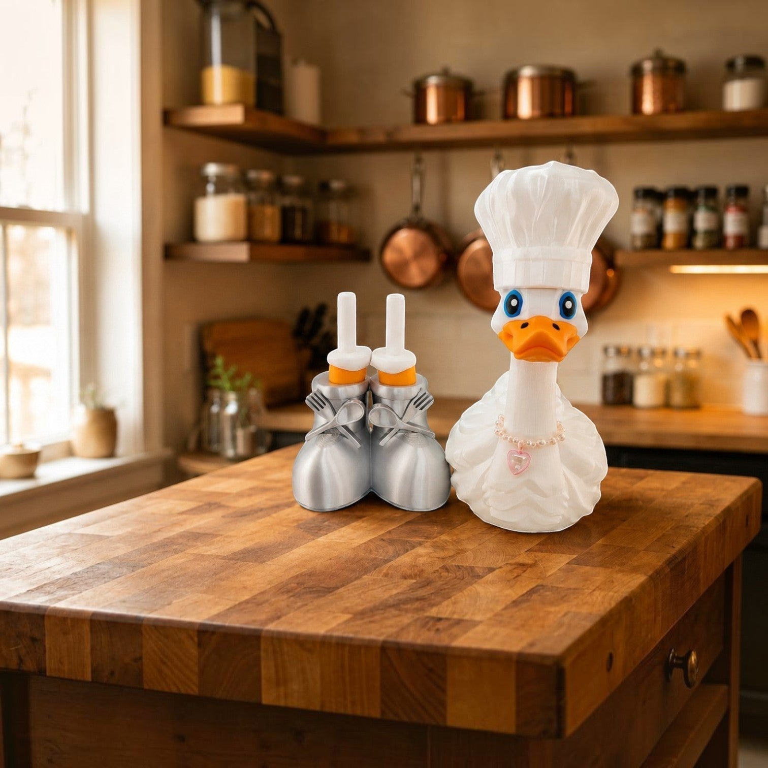 Prints & Giggles 3D Chef Duck utensil holder and salt and pepper shaker set with a pearl necklace on a wooden counter.