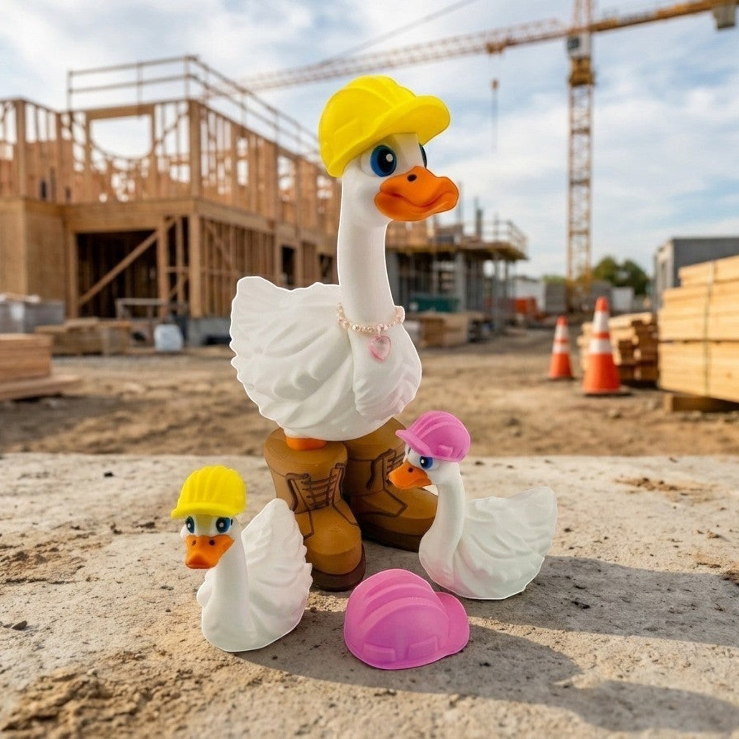 Prints & Giggles 3D construction goose family figurine set with yellow hard hats and work boots on a building site.
