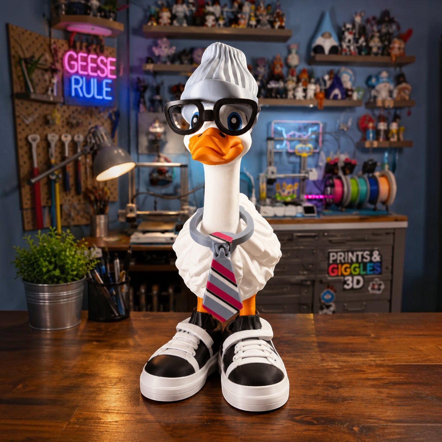 Prints & Giggles 3D goose figurine wearing a silver hat, black glasses, striped tie, and black and white sneakers