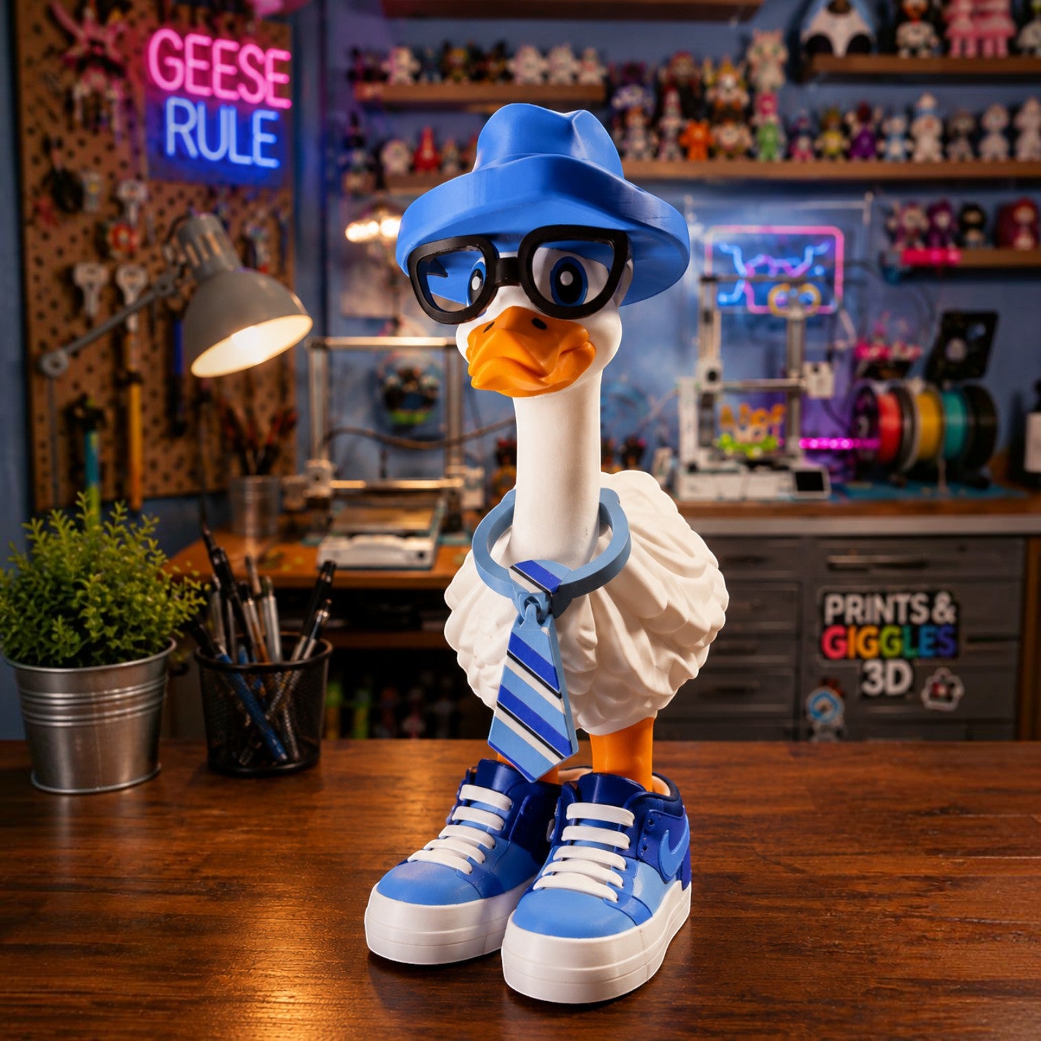 Prints & Giggles 3D goose figurine wearing a blue fedora, black glasses, striped tie, and blue high-top sneakers.