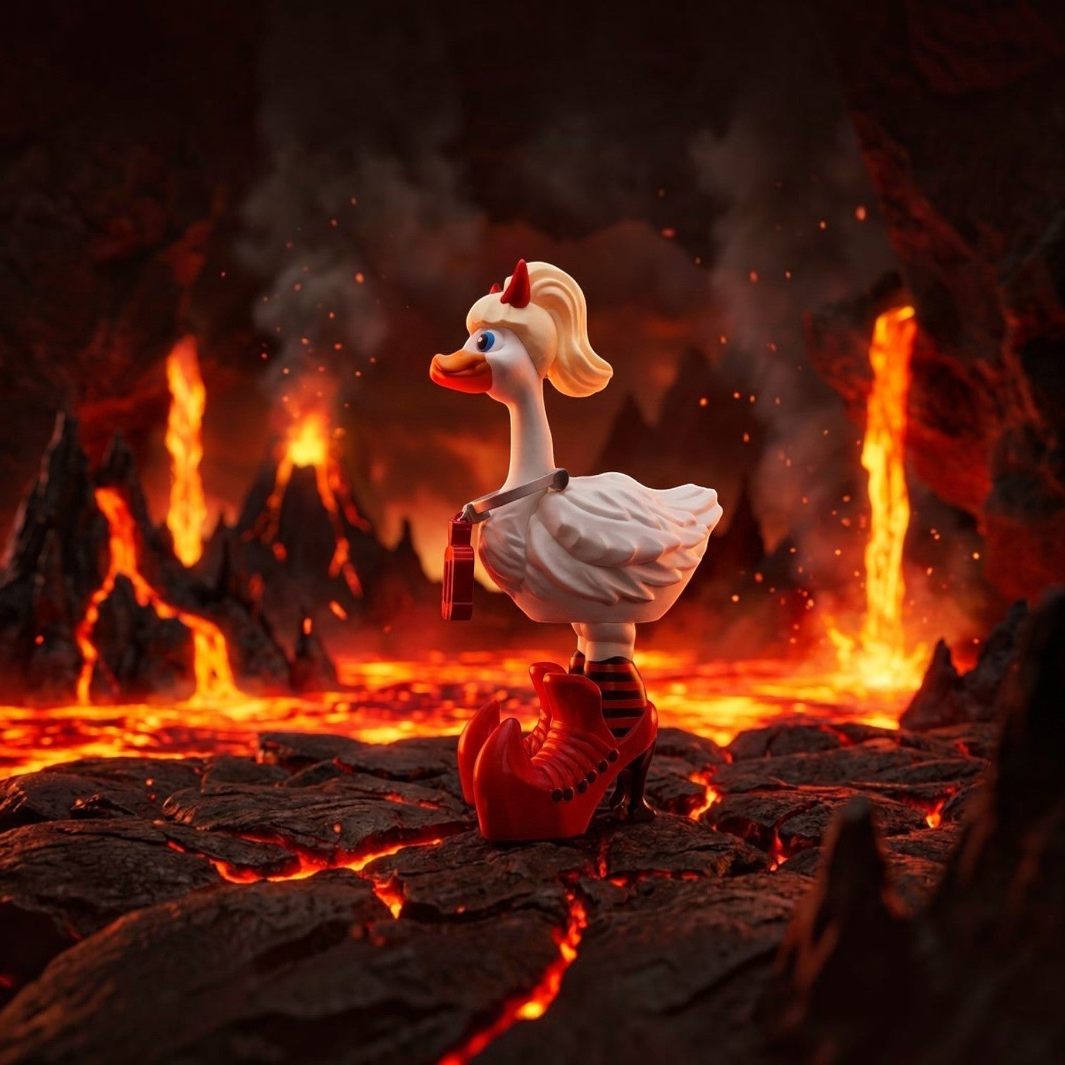 Prints & Giggles 3D white duck figurine with red devil horns, blonde hair, and high-heeled shoes in a lava landscape.