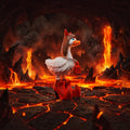 Prints & Giggles 3D Devil Duckie figurine with red horns, trident pendant, and oversized boots in a lava landscape.