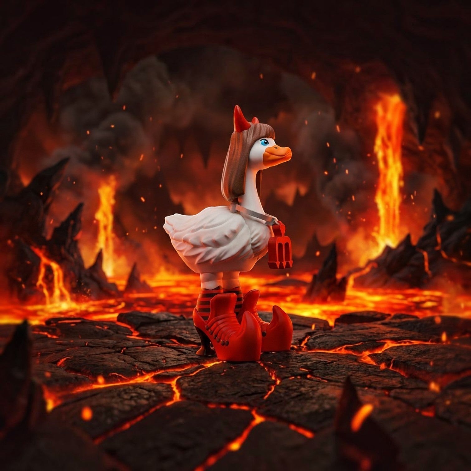 Prints & Giggles 3D Devil Duckie figurine with red horns, trident pendant, and oversized boots in a lava landscape.