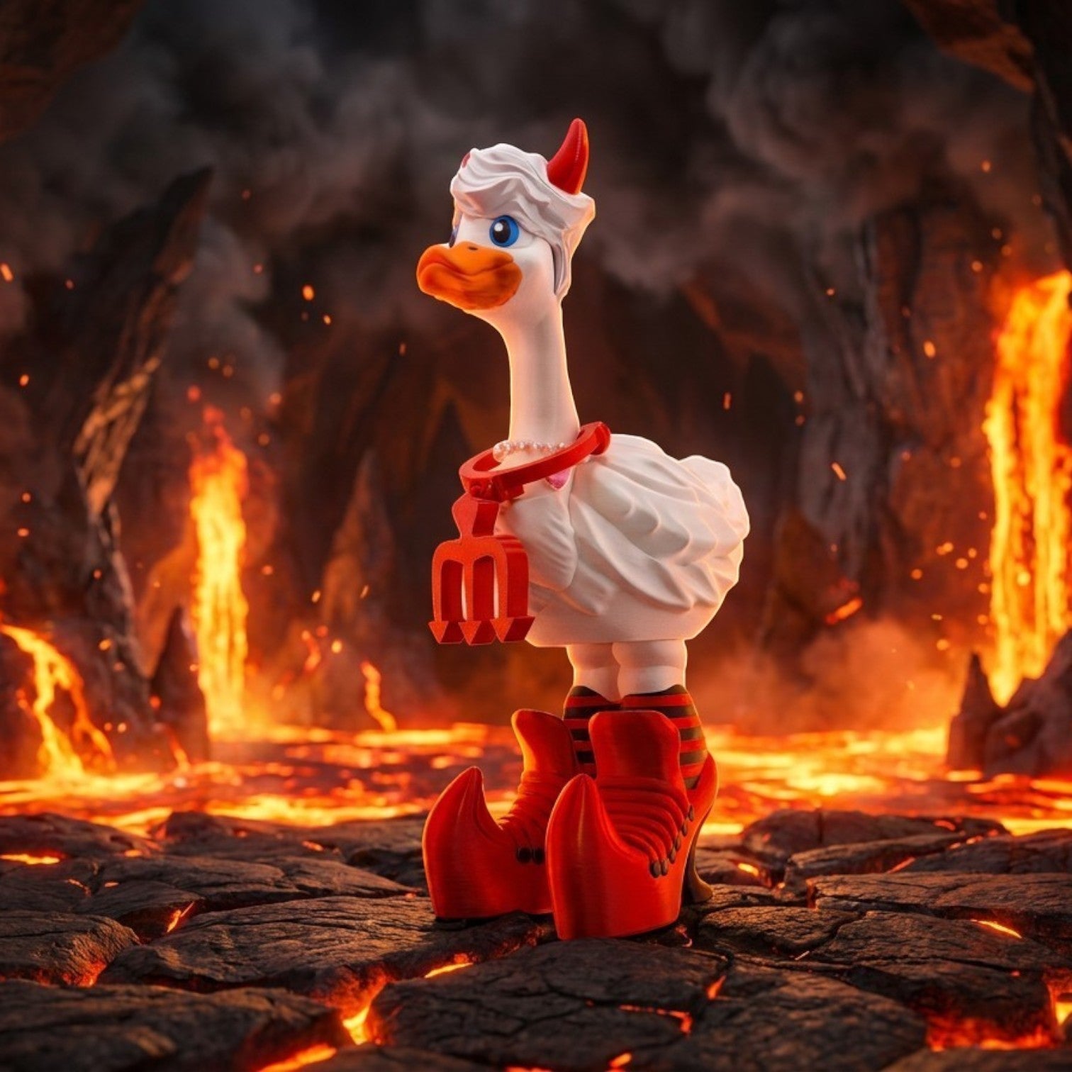 Prints & Giggles 3D devilish white goose figurine with red horns, boots, pearl necklace, and pitchfork in a lava cave.