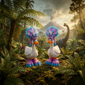 Prints & Giggles 3D duck figurines wearing blue and purple triceratops dinosaur hats in a prehistoric jungle setting.