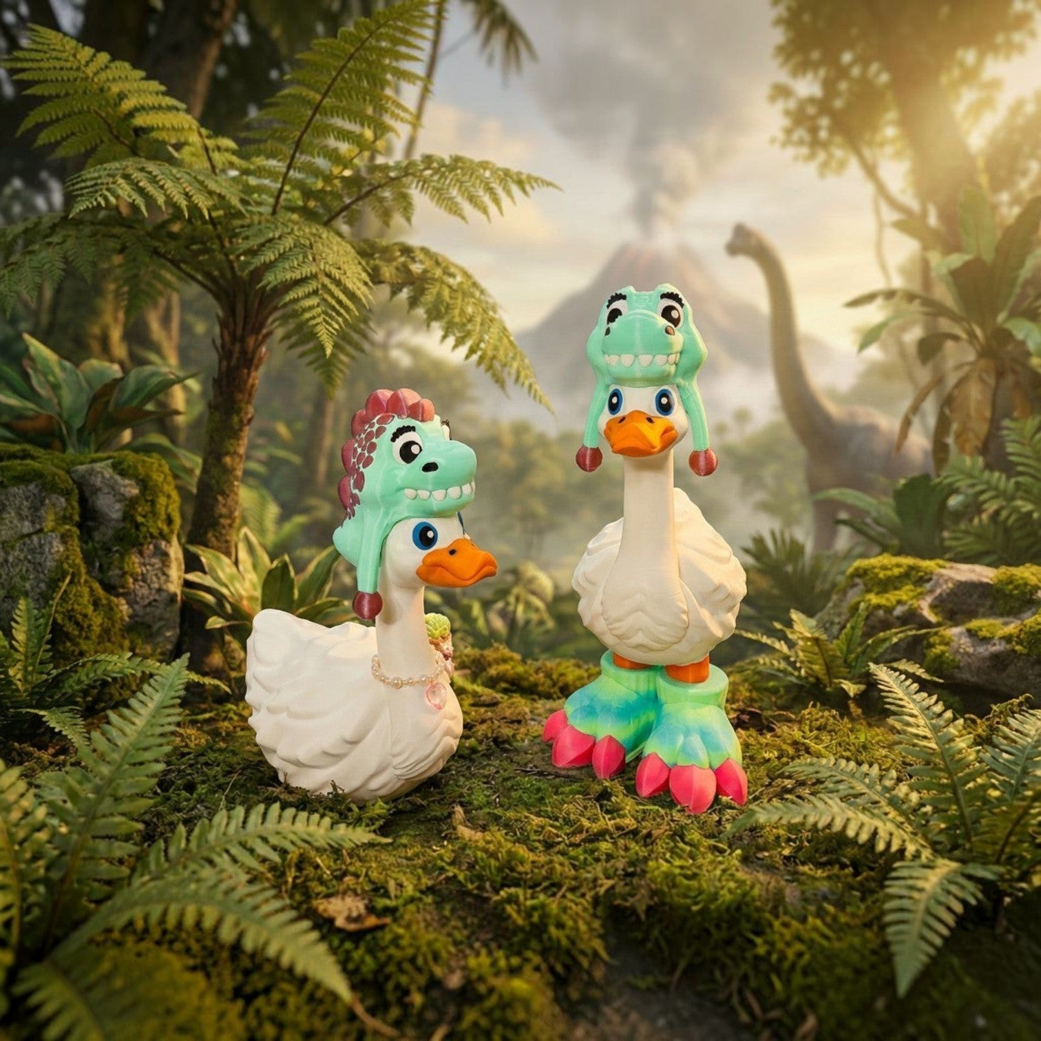Prints & Giggles 3D dinosaur themed rubber ducks wearing T-Rex hats in a prehistoric jungle setting with a volcano.