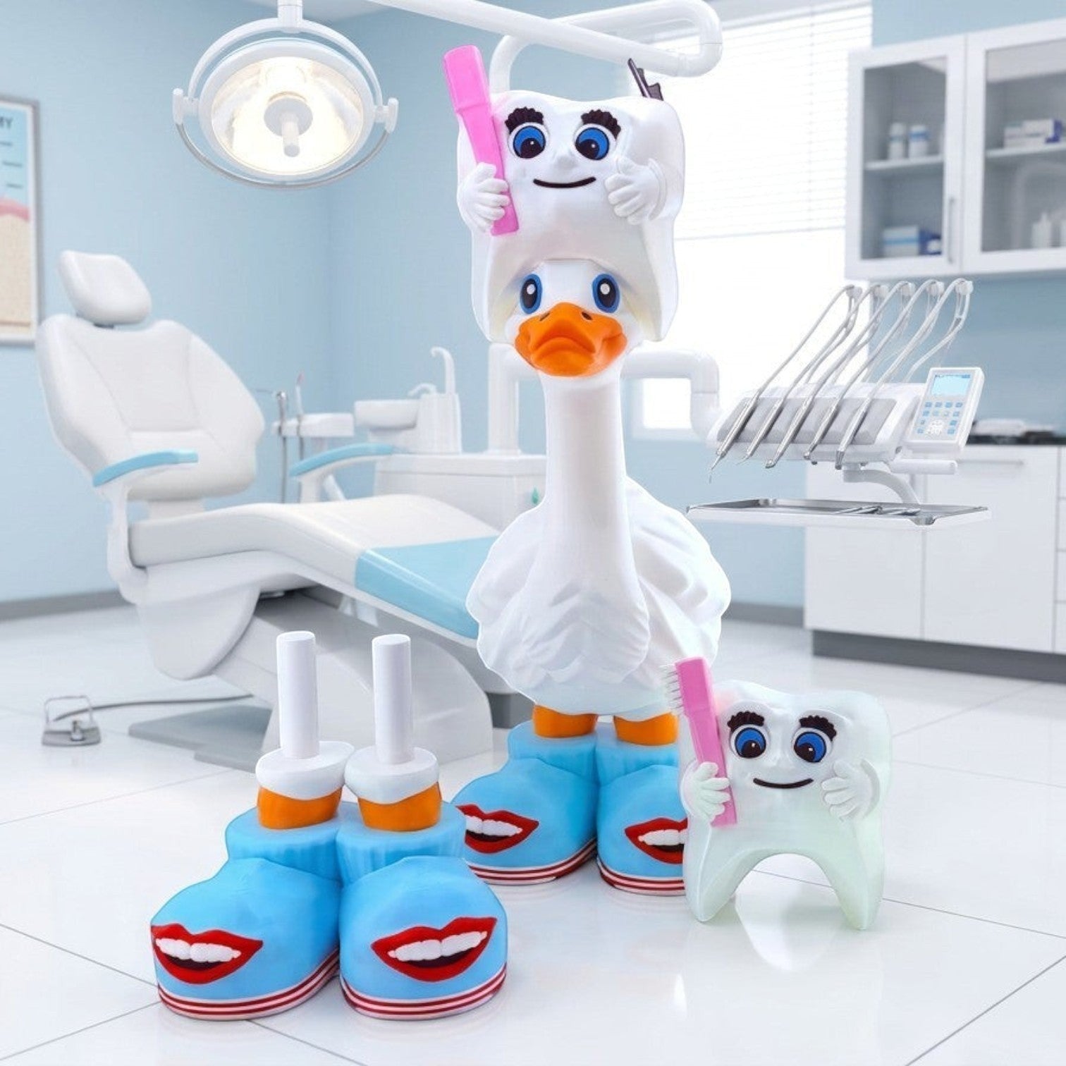 Prints & Giggles 3D whimsical duck and tooth dental office figurines with pink toothbrushes in a clinical setting.