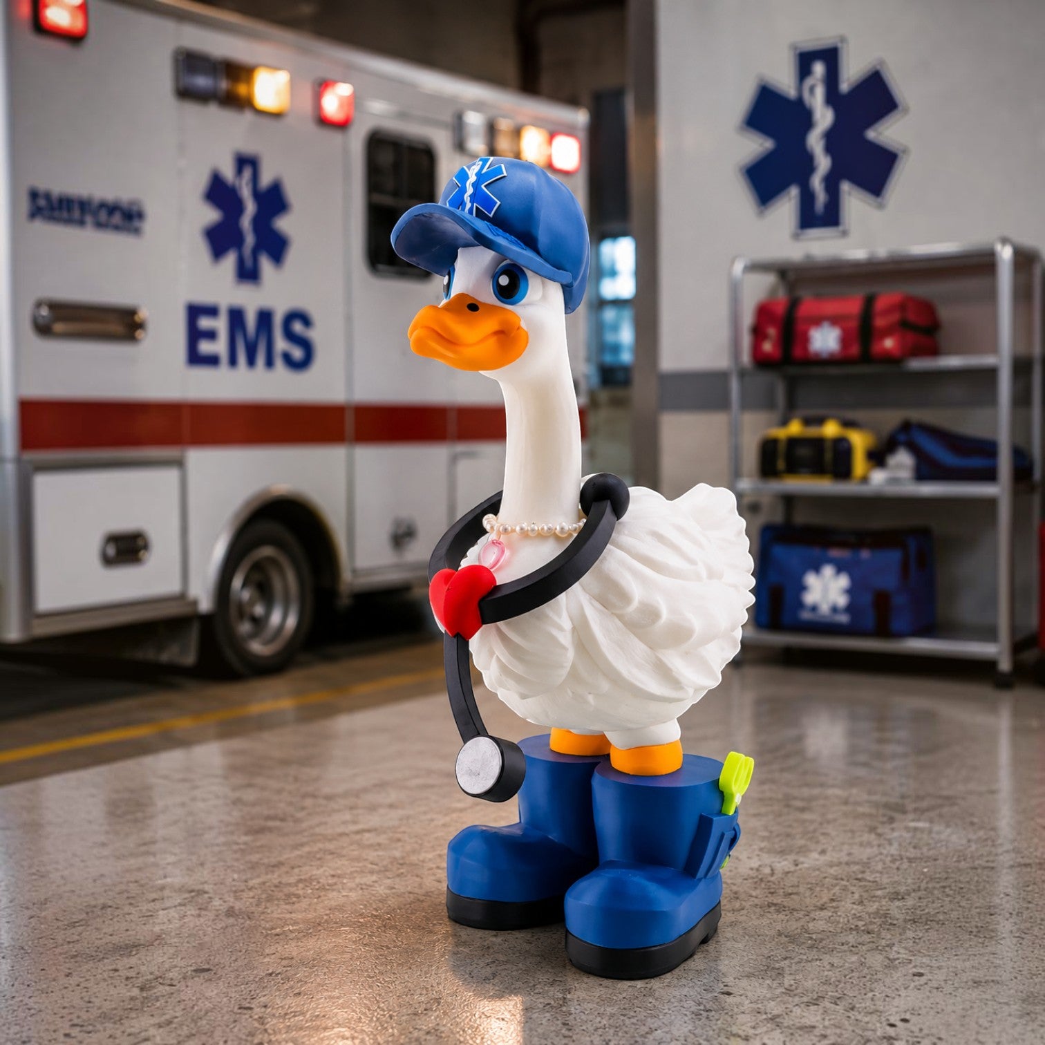 Prints & Giggles 3D goose figurine wearing a blue EMS cap, heart stethoscope, and navy paramedic boots in an ambulance