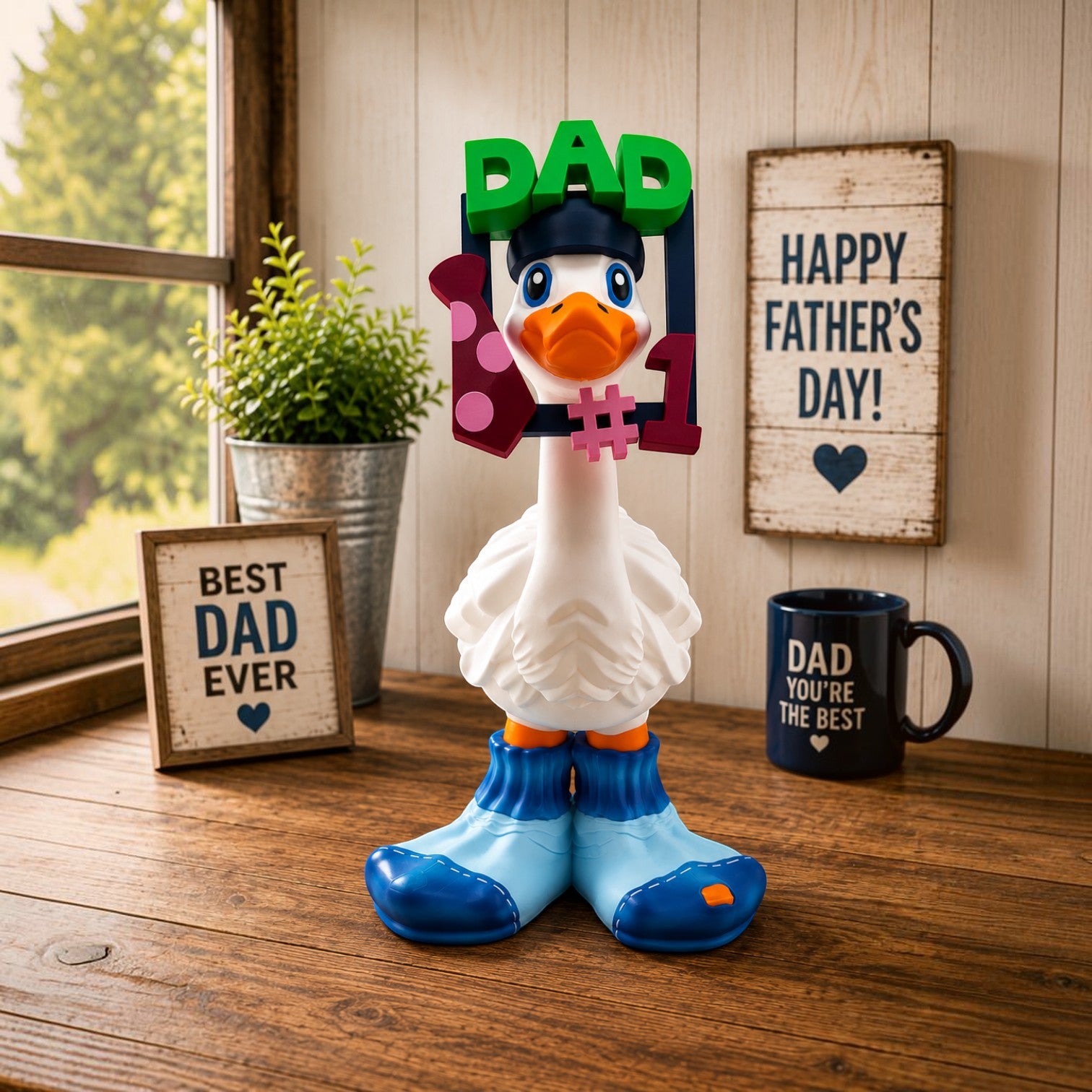 Prints & Giggles 3D Father's Day goose outfit featuring a DAD #1 frame hat, navy baseball cap, and blue sock shoes.
