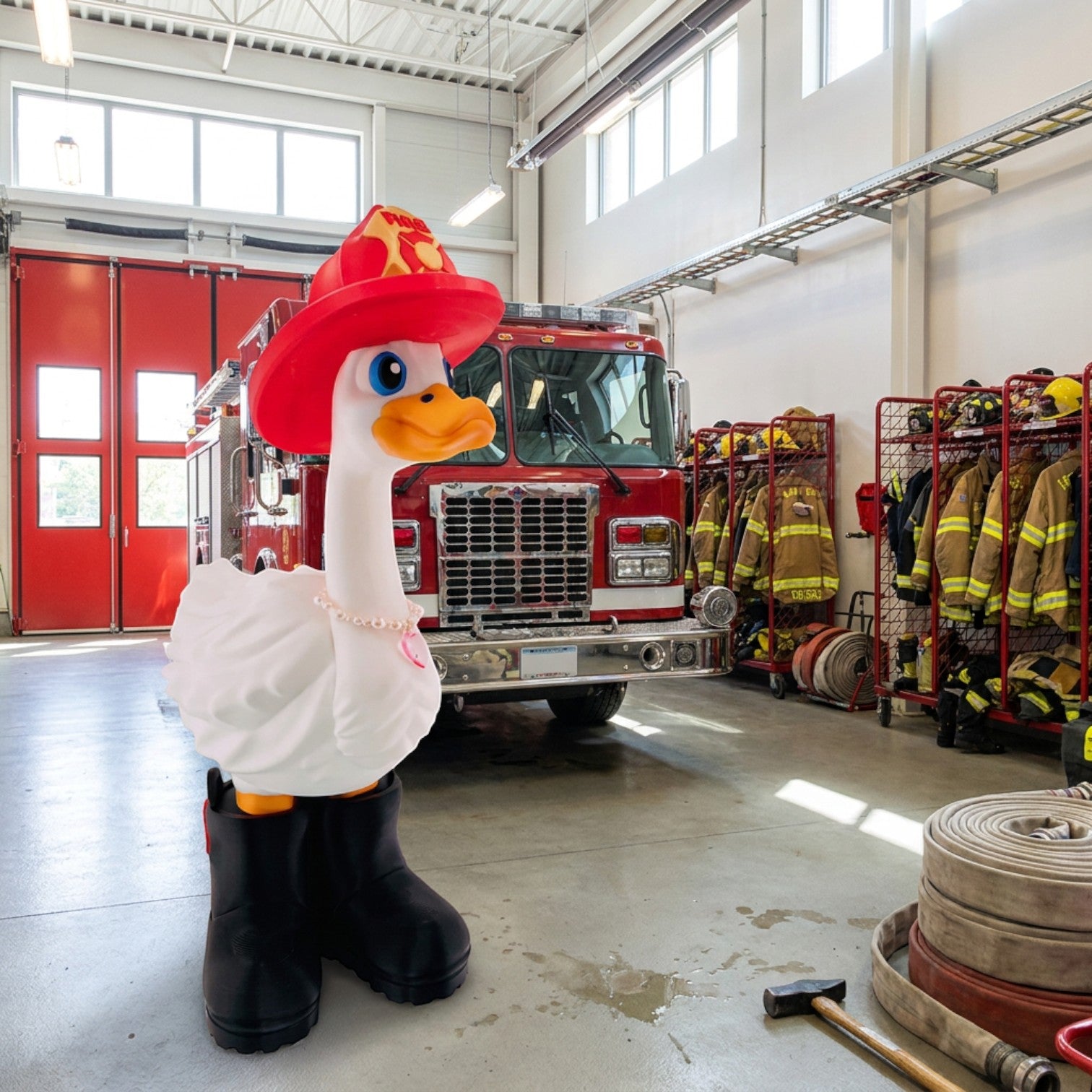 Prints & Giggles 3D goose figurine wearing a red firefighter helmet and black boots inside a fire station.