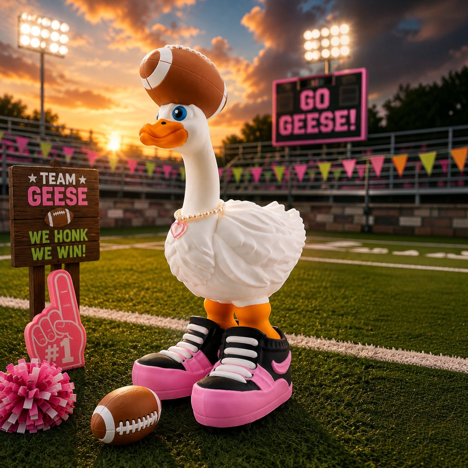 Prints & Giggles 3D goose figurine wearing a football hat and pink sneakers on a football field at sunset