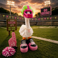Prints & Giggles 3D goose figurine wearing a green and pink GEESE football helmet and pink sneakers on a field.
