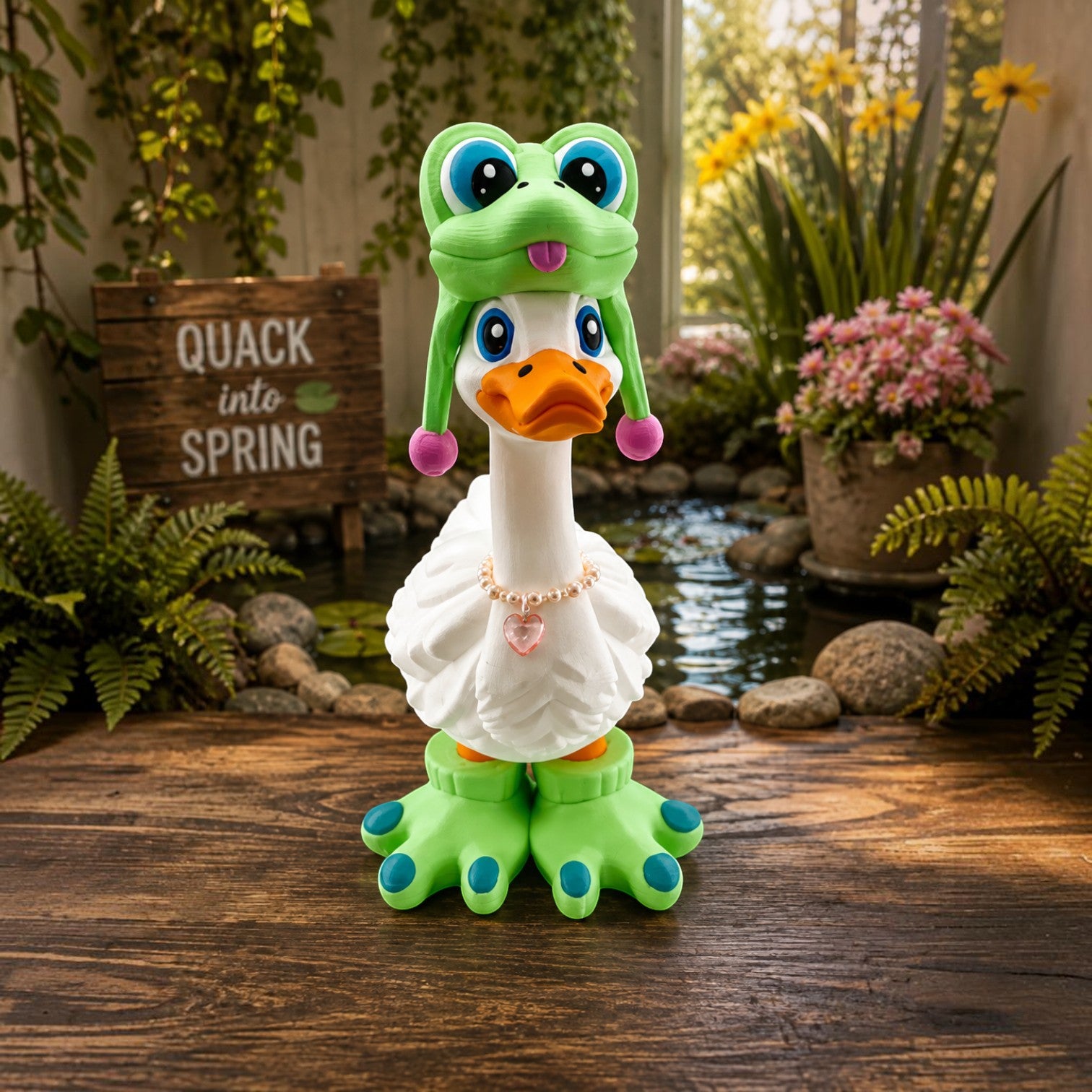 Prints & Giggles 3D goose figurine wearing a green frog hat with pink pompoms and matching green frog feet