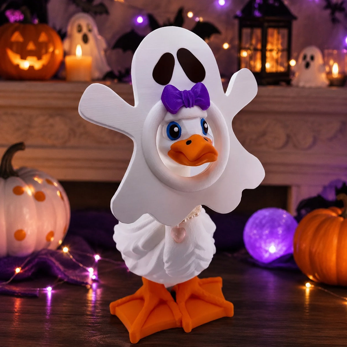 White Ghost Dress-Up Goose Halloween outfit with purple bow and orange feet