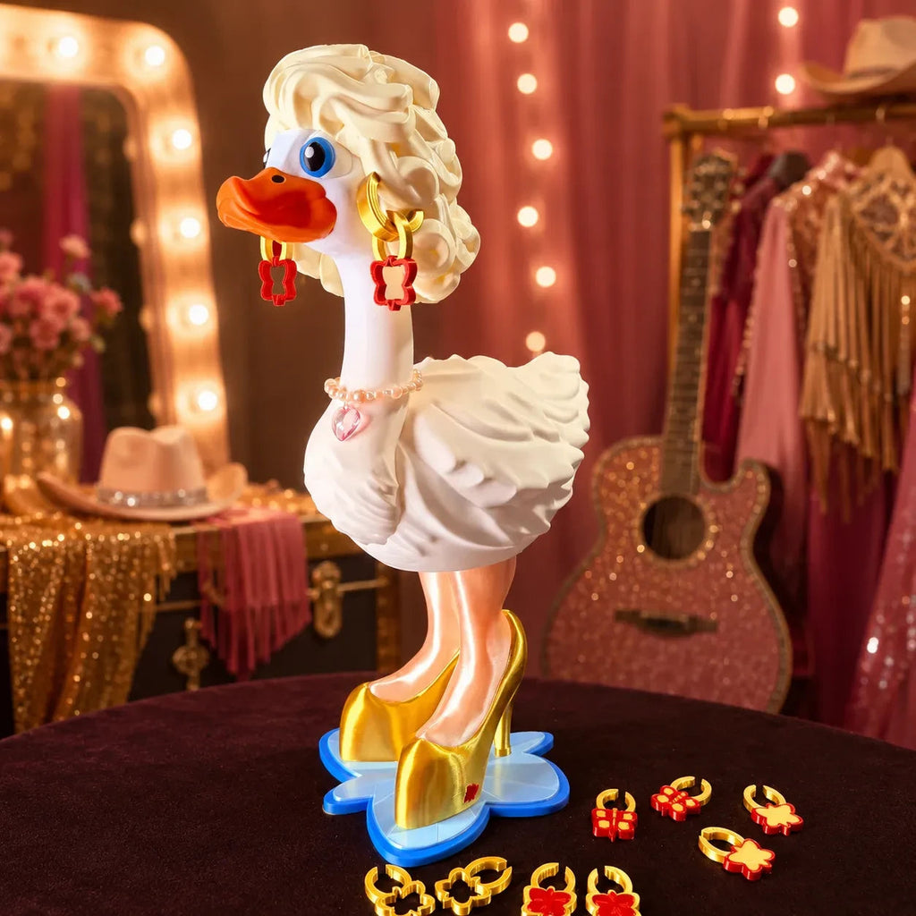 Dolly Dress-Up Goose outfit with blonde hair pearl necklace earrings and gold heels
