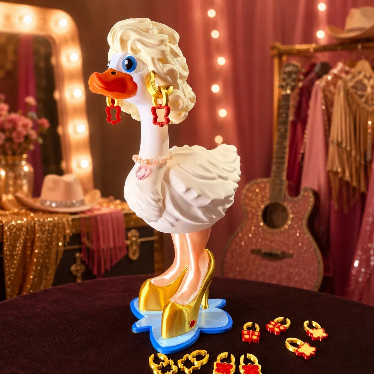 Dolly Dress-Up Goose outfit with blonde hair pearl necklace earrings and gold heels