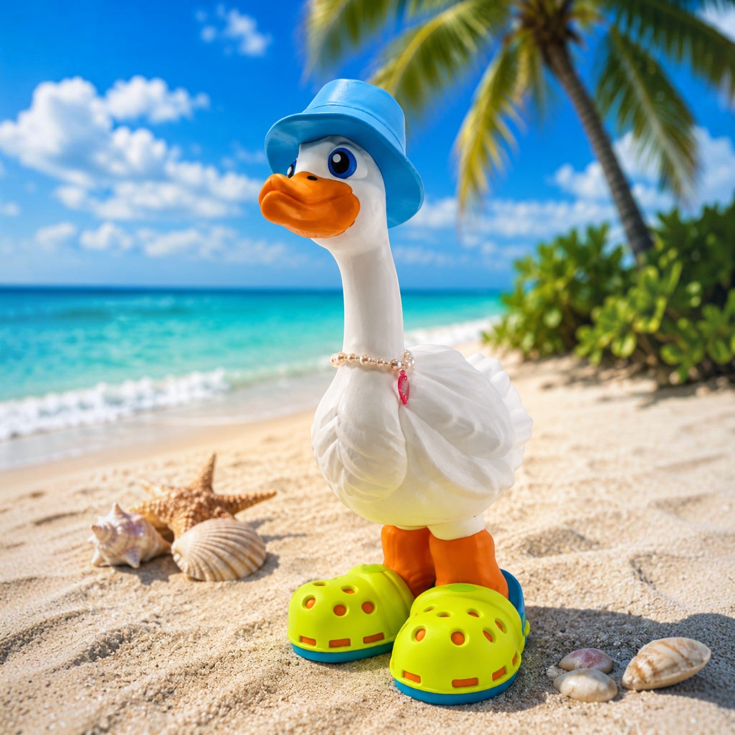 Prints & Giggles 3D goose figurine wearing a blue bucket hat and bright green clog shoes on a sunny beach.