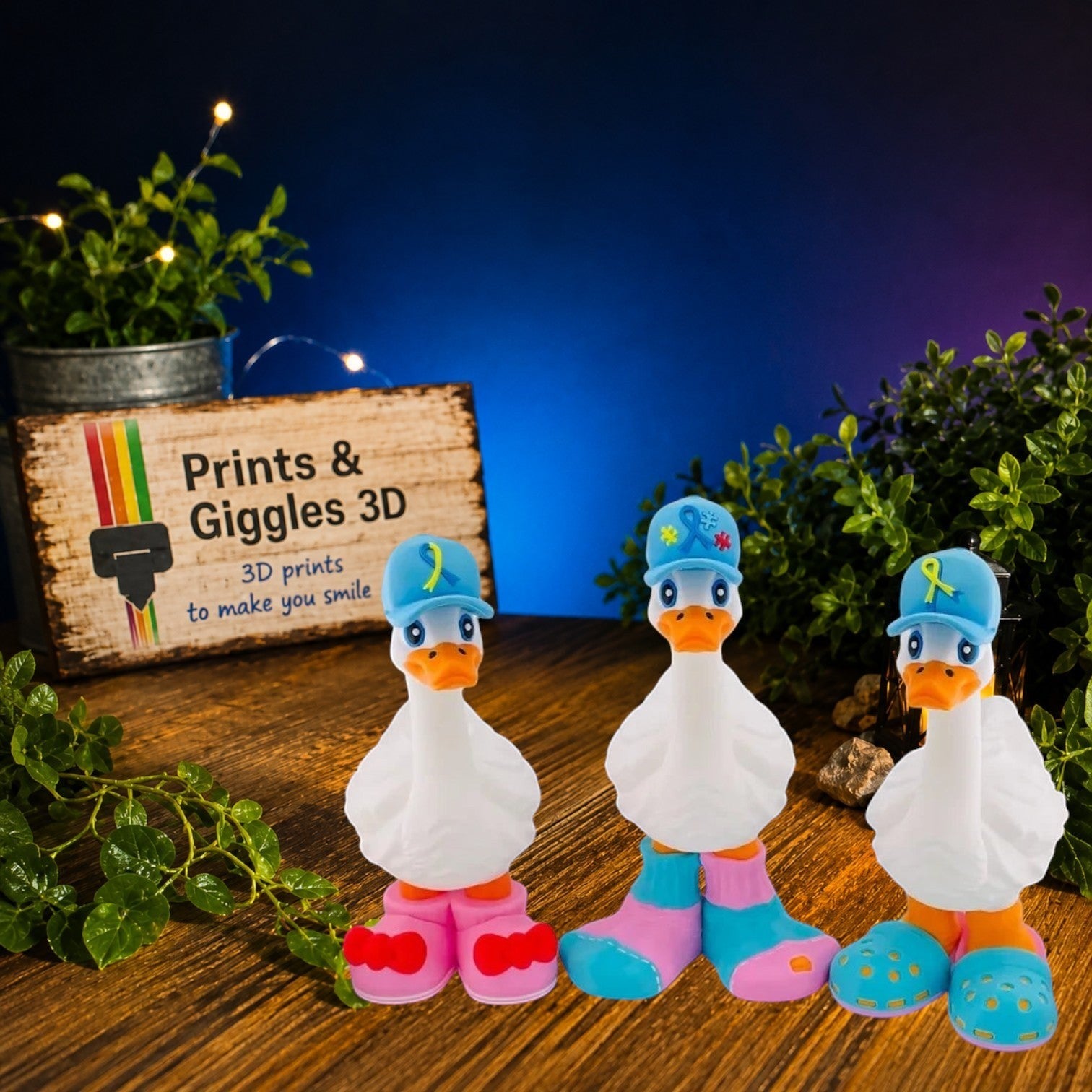 Prints & Giggles 3D collectible white goose figurines wearing colorful caps and shoes on a white background
