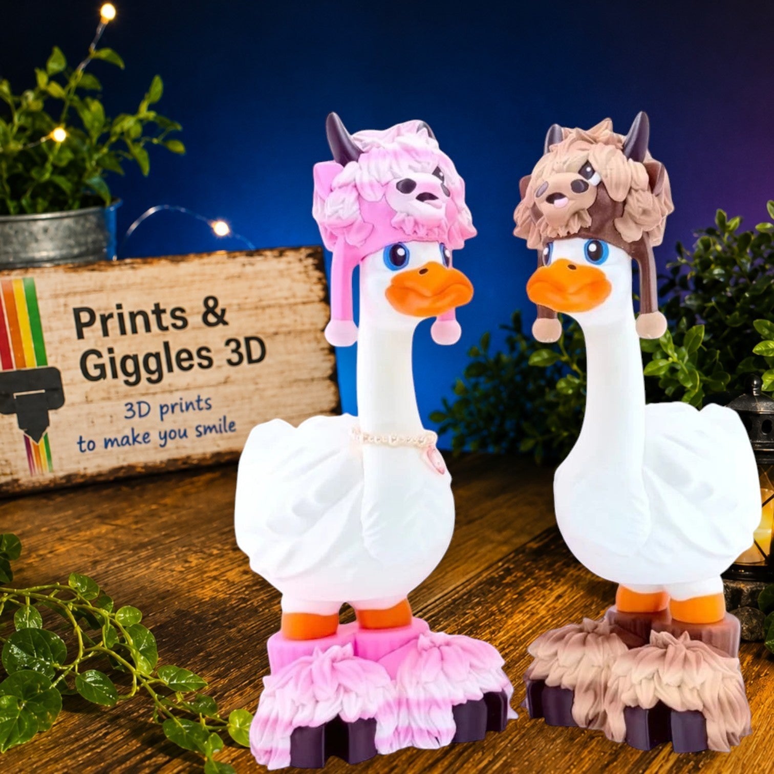 Prints & Giggles 3D goose figurines wearing whimsical llama hats and matching fluffy boots in pink and brown colors.