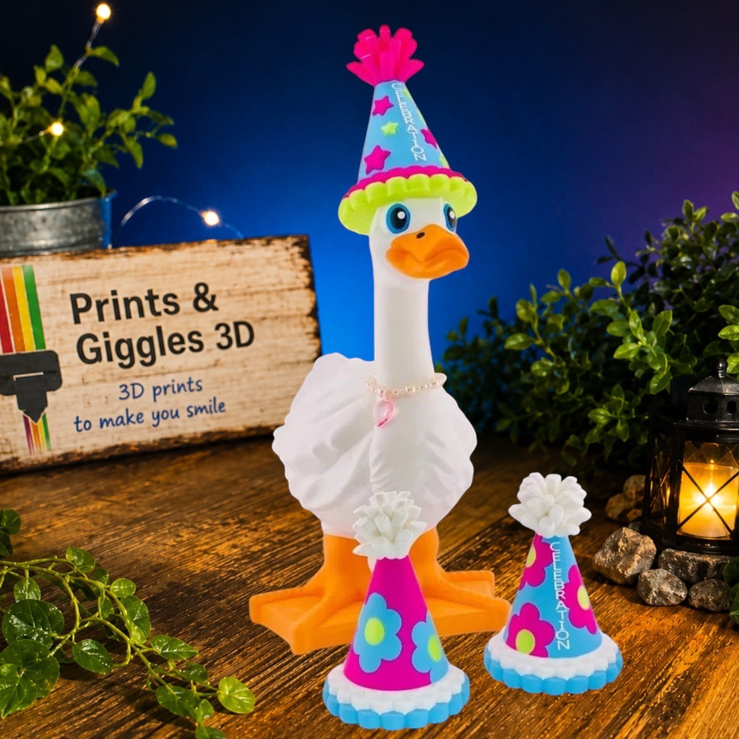Prints & Giggles 3D white goose figurine wearing a blue party hat with two additional matching miniature party hats