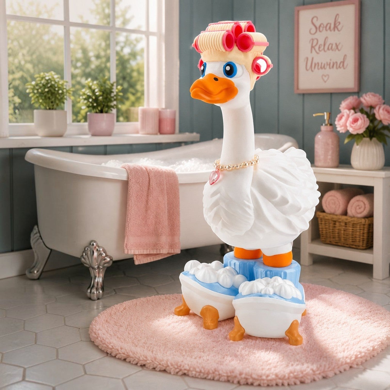 Prints & Giggles 3D goose figurine wearing pink hair rollers and a pearl necklace, standing on blue foam-filled tubs.